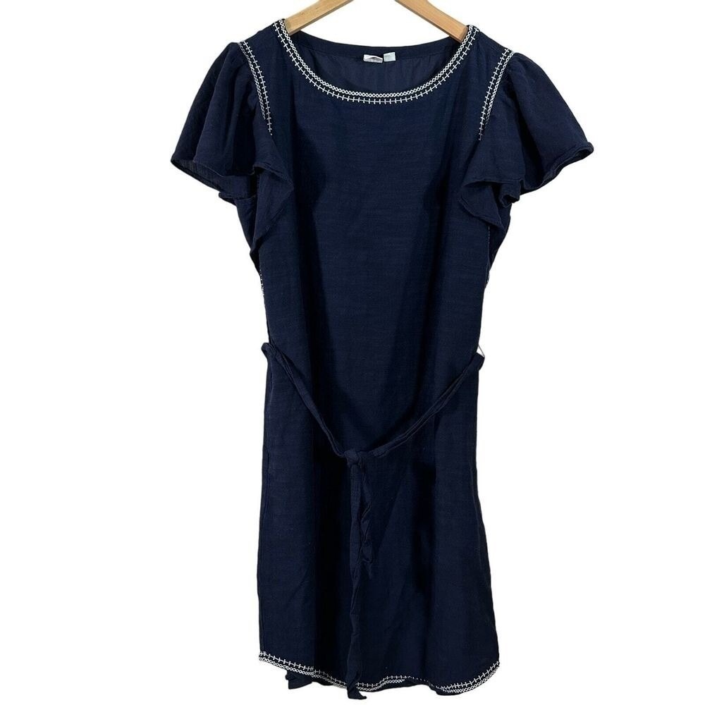 Gap Navy Blue Embroidered Flutter‎ Sleeve Shift Dress Small Tall Cotton Rayon
